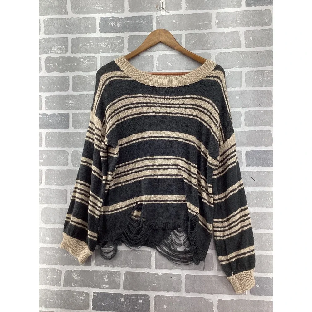 POL Striped Distressed Hem Sweater Charcoal Tan Boho Grunge SMST151 Womens Small